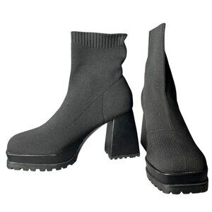 Womens 8.5 Sock Boots Platform Chunky Heel Booties‎ Square Toe Slip On Black